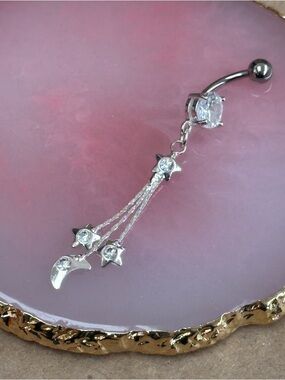 Clear gem Moon and Star dangle belly button ring Navel ring piercing 14 gauge